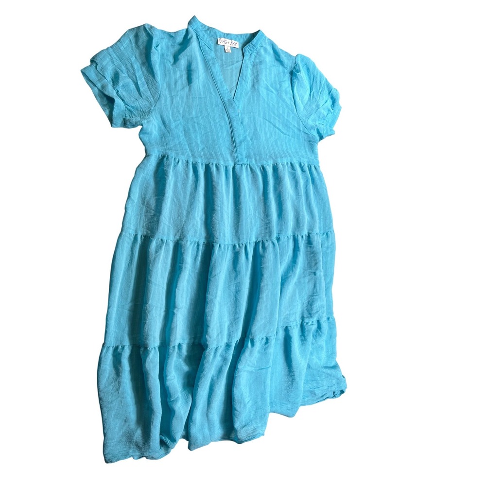 She + Sky Tiered Midi Dress‎ Womens Large Blue Turquoise Flutter Sleeve Boho